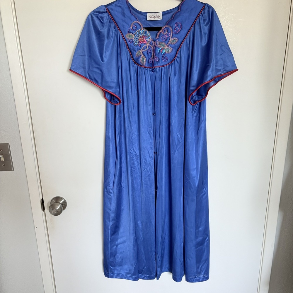 Vintage Vanity Fair Robe Womens Large Blue Button Up Pocket USA Embroidered Trim